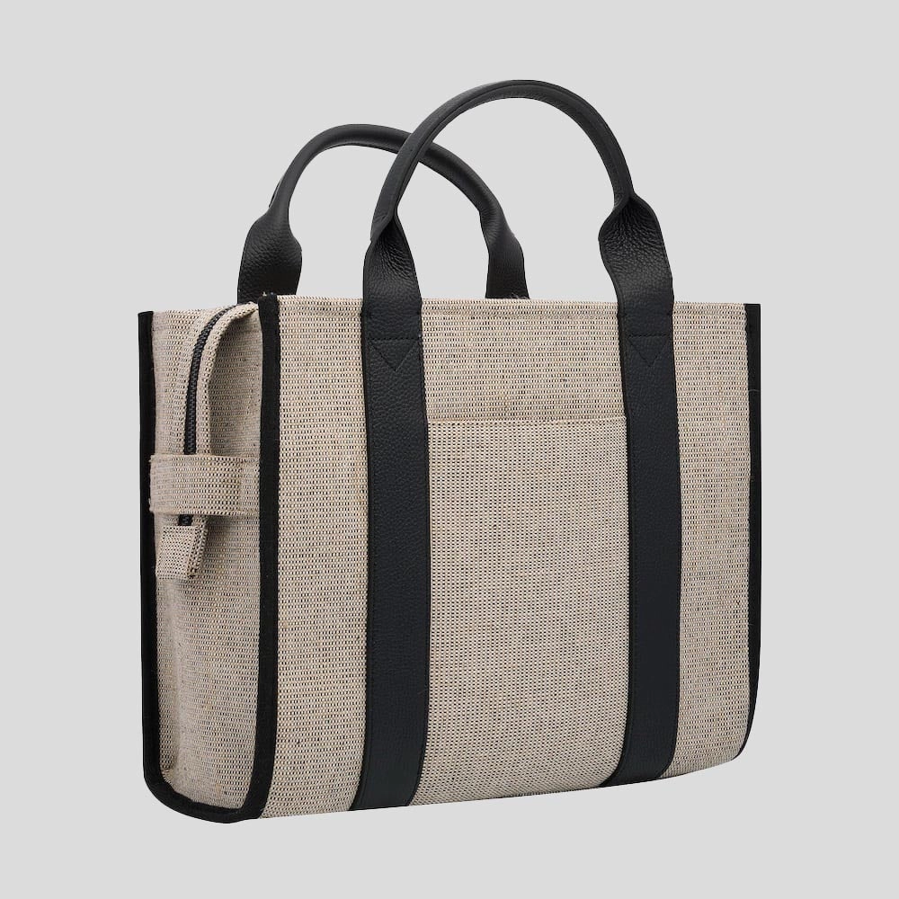 Small Bon Vivant Structured Tote Bag -- Jute Canvas Black Leather