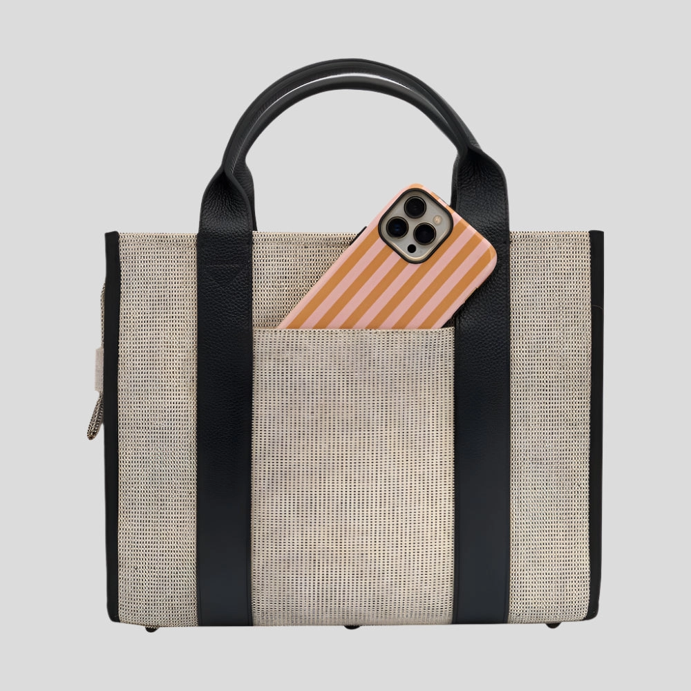 Small Bon Vivant Structured Tote Bag -- Jute Canvas Black Leather