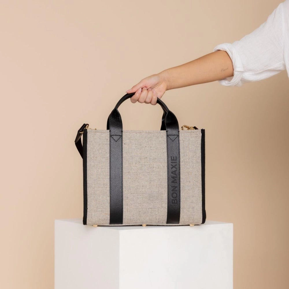 Small Bon Vivant Structured Tote Bag -- Jute Canvas Black Leather