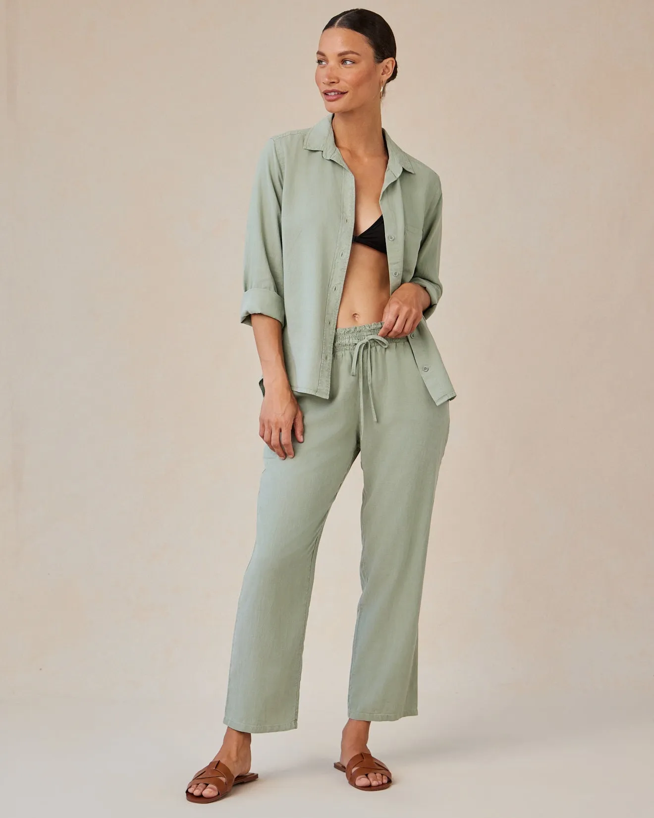 Smocked Waist Trousers - Olive Grove