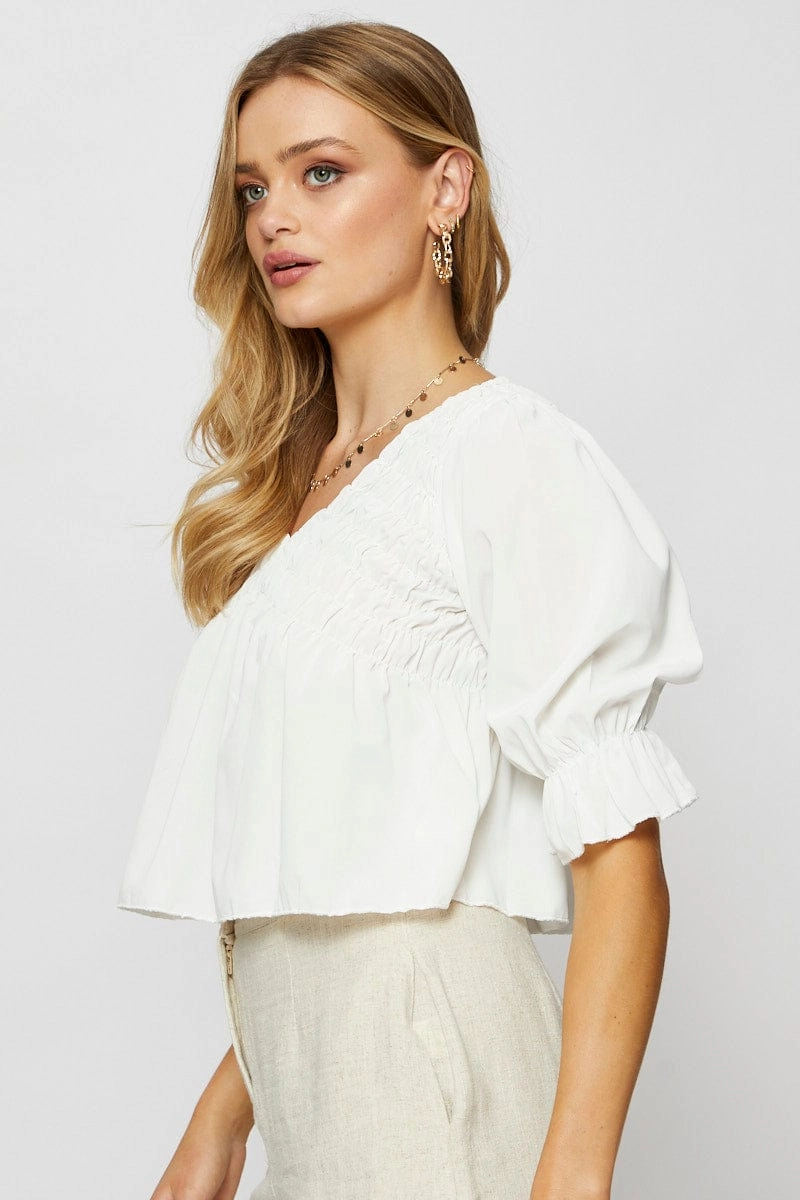 White Crop Blouse Short Sleeve Round Neck