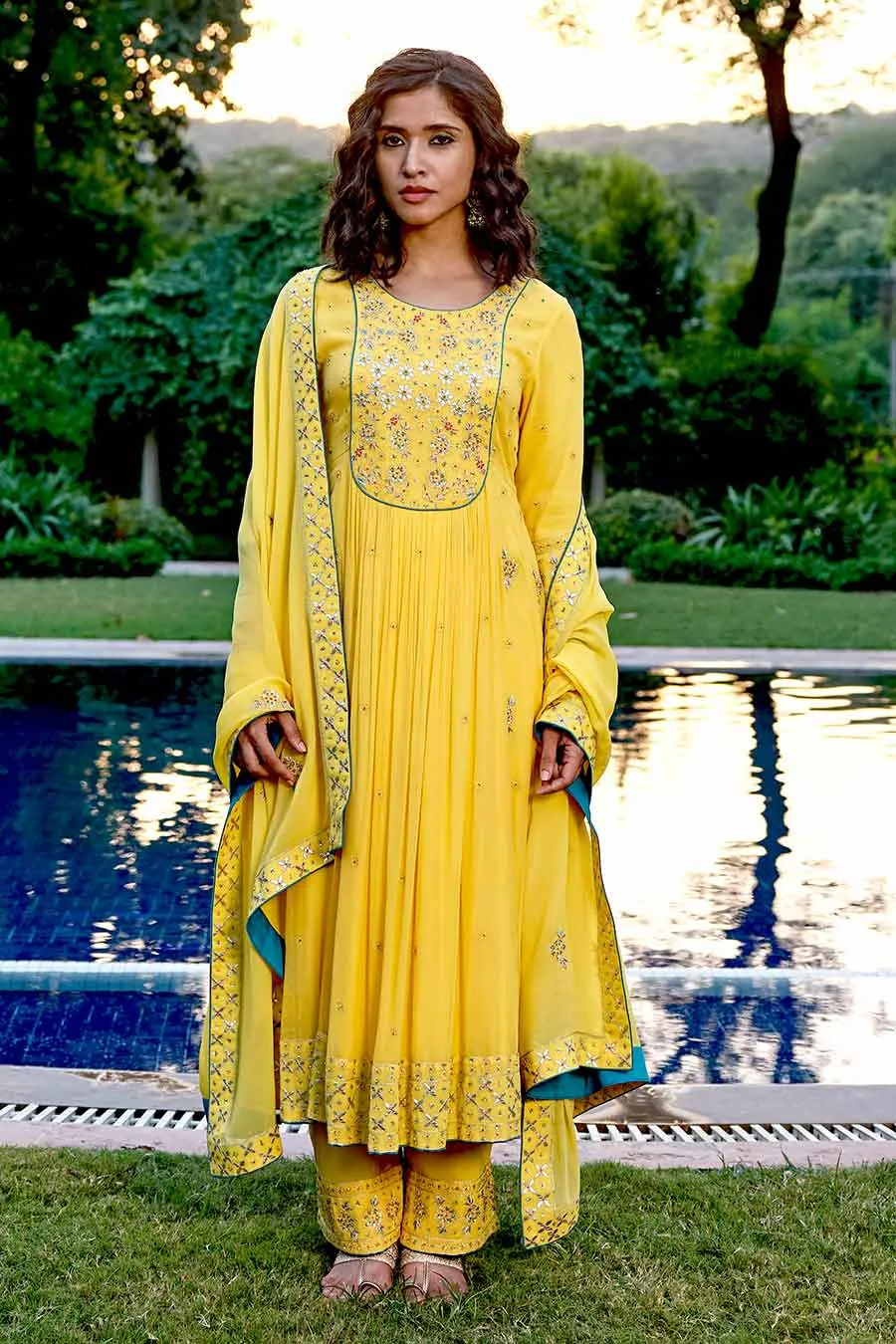 Yellow Hand-Embroidered Kali Kurta Set