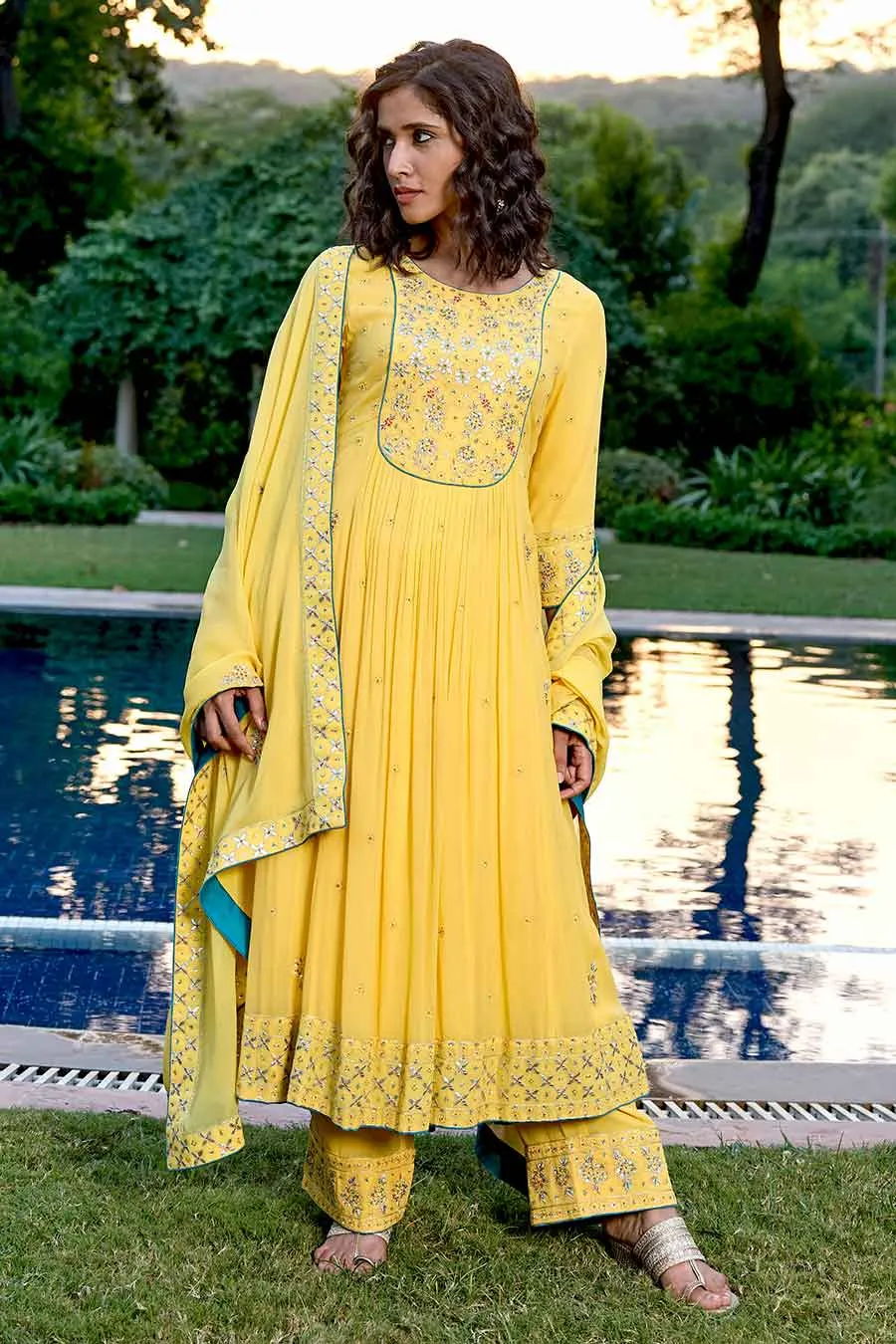 Yellow Hand-Embroidered Kali Kurta Set