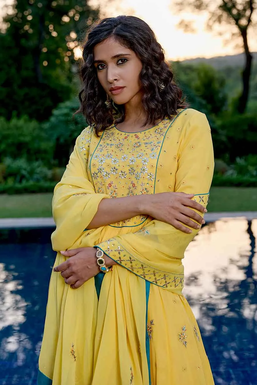 Yellow Hand-Embroidered Kali Kurta Set