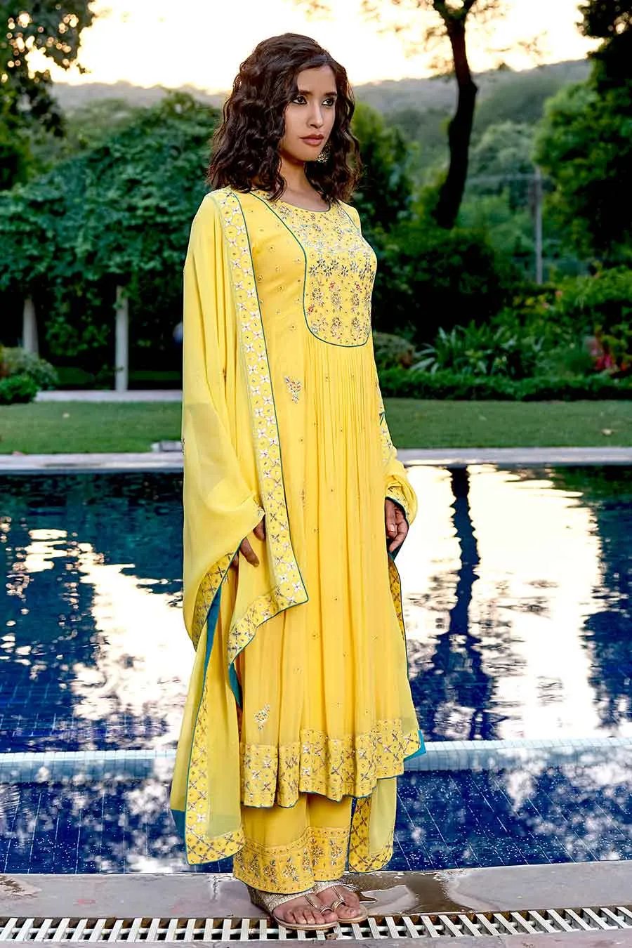 Yellow Hand-Embroidered Kali Kurta Set
