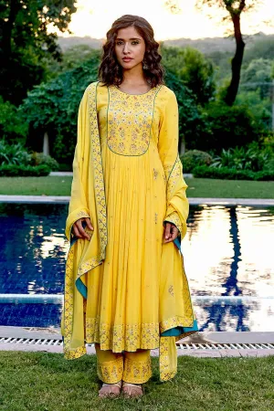 Yellow Hand-Embroidered Kali Kurta Set