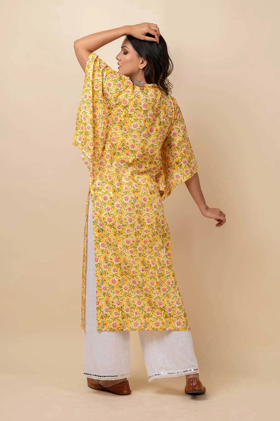 Yellow Mirror Work Kaftan Kurta & Pants Set