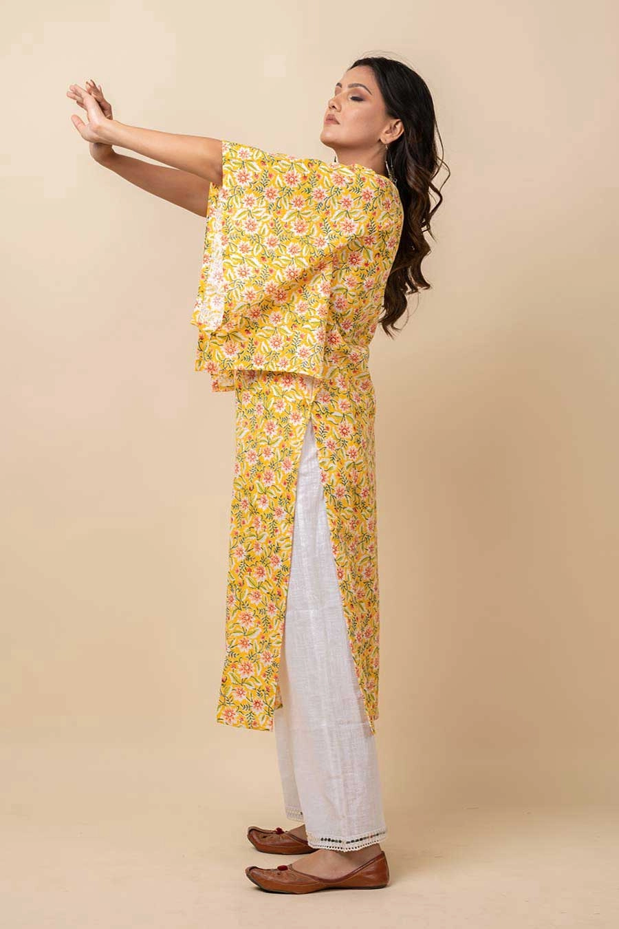 Yellow Mirror Work Kaftan Kurta & Pants Set