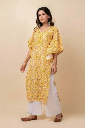 Yellow Mirror Work Kaftan Kurta & Pants Set