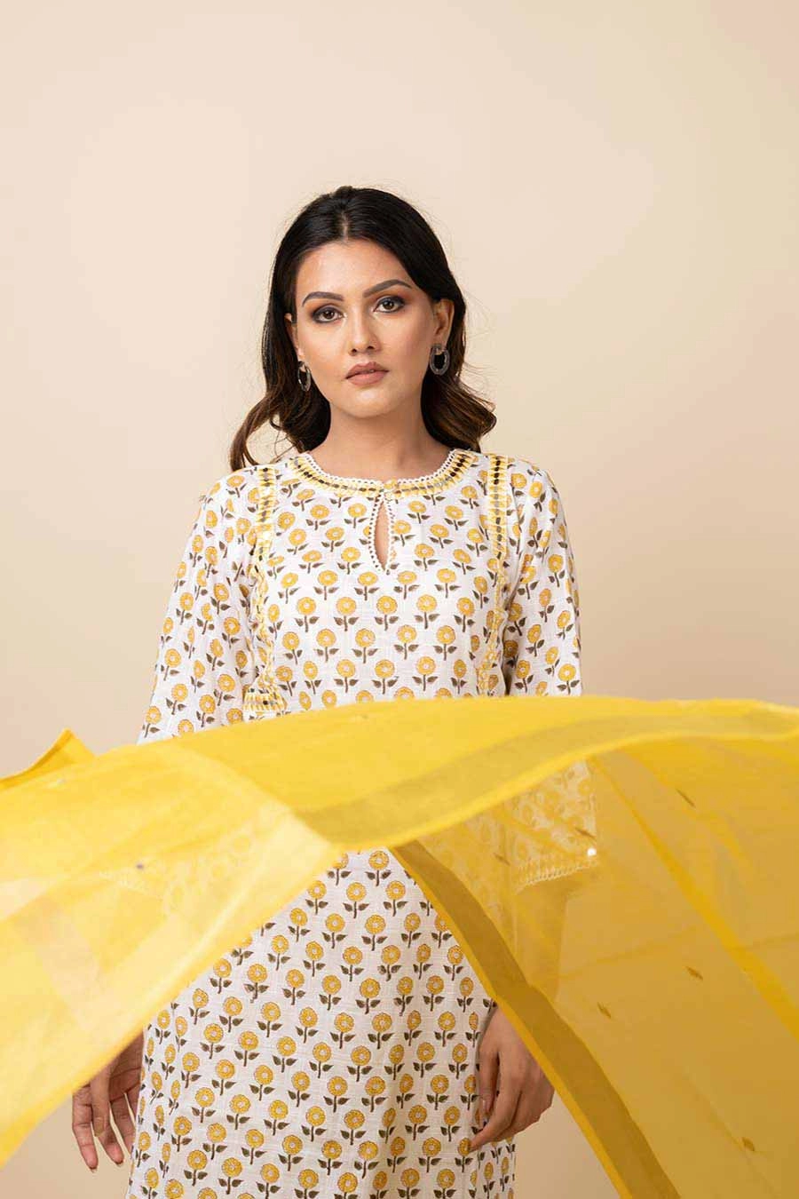 Yellow Mirror Work Kurta Set With Dupatta