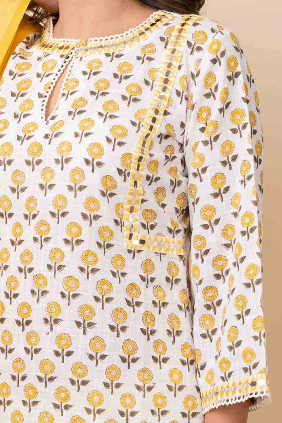 Yellow Mirror Work Kurta Set With Dupatta