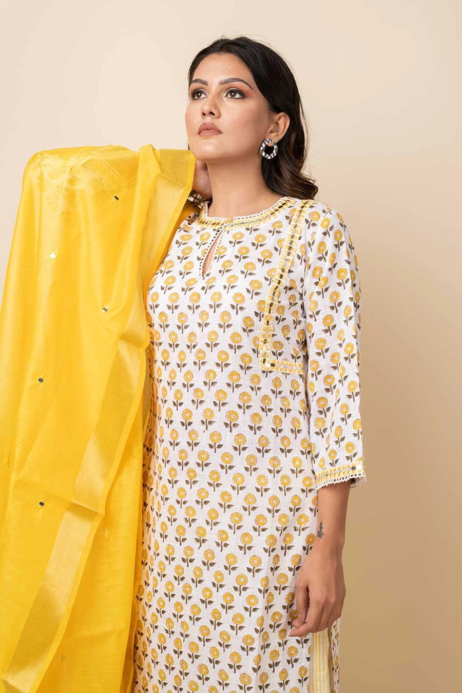 Yellow Mirror Work Kurta Set With Dupatta