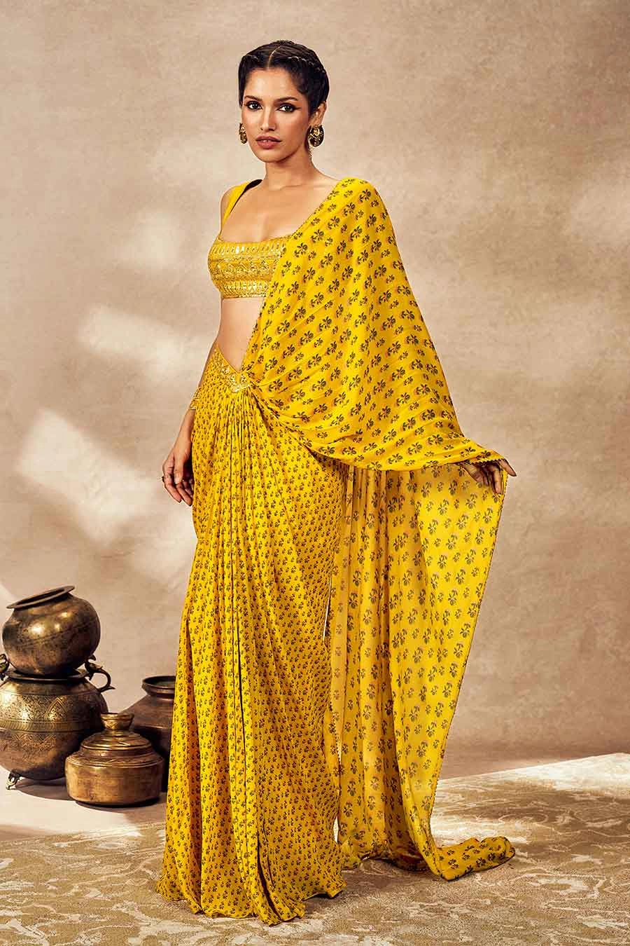Yellow Pixie Dust Printed Pre-Draped Saree Set